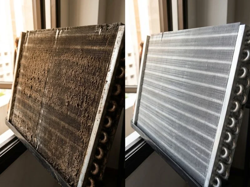 Before and after of a deep chemical wash on a Daikin aircon coil