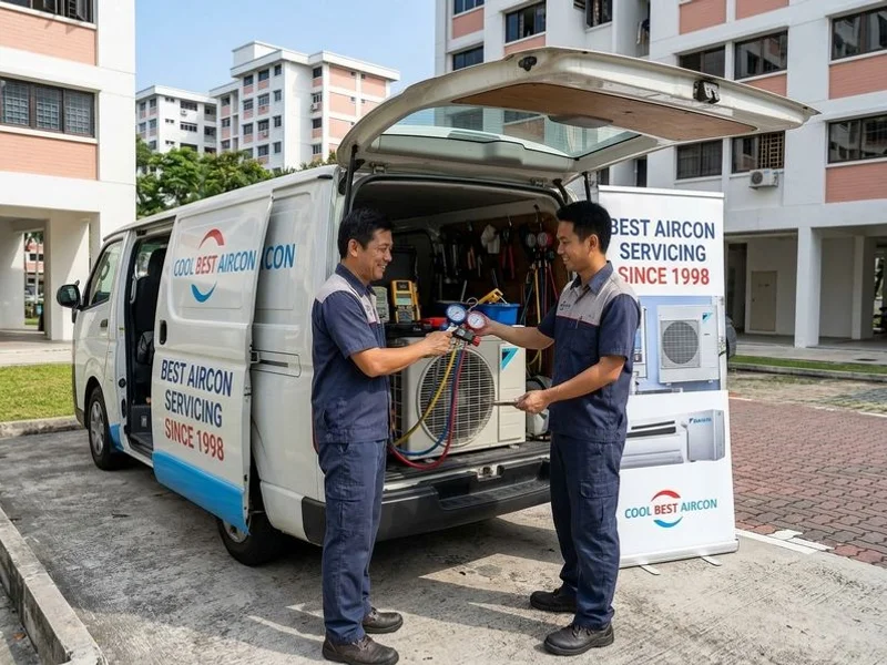Coolbest van parked outside a Jurong West HDB block, ready for service call