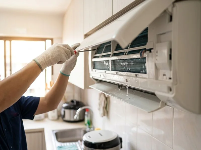 Coolbest technician dismantling indoor fan coil for chemical wash in a Singapore HDB kitchen