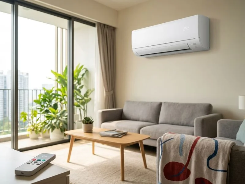 Inverter AC unit mounted clean on a bright white condo living room wall
