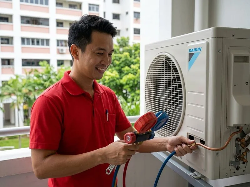 Technician pressure-testing a newly installed Mitsubishi Starmex outdoor condenser in Boon Lay