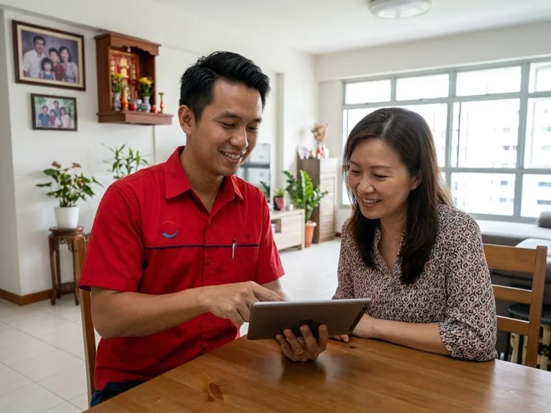 Technician explaining the diagnostic report on a tablet to a homeowner
