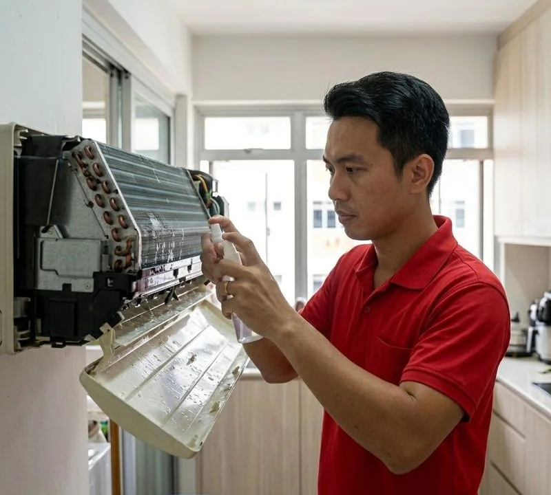 Coolbest Aircon technician performing aircon chemical wash & overhaul in a Singapore home