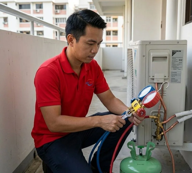 Coolbest Aircon technician performing aircon gas top-up in a Singapore home