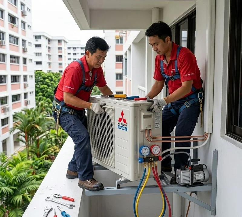 Coolbest Aircon technician performing aircon installation in a Singapore home