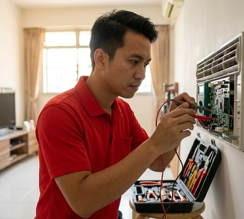 Coolbest Aircon technician performing aircon repair & troubleshooting in a Singapore home