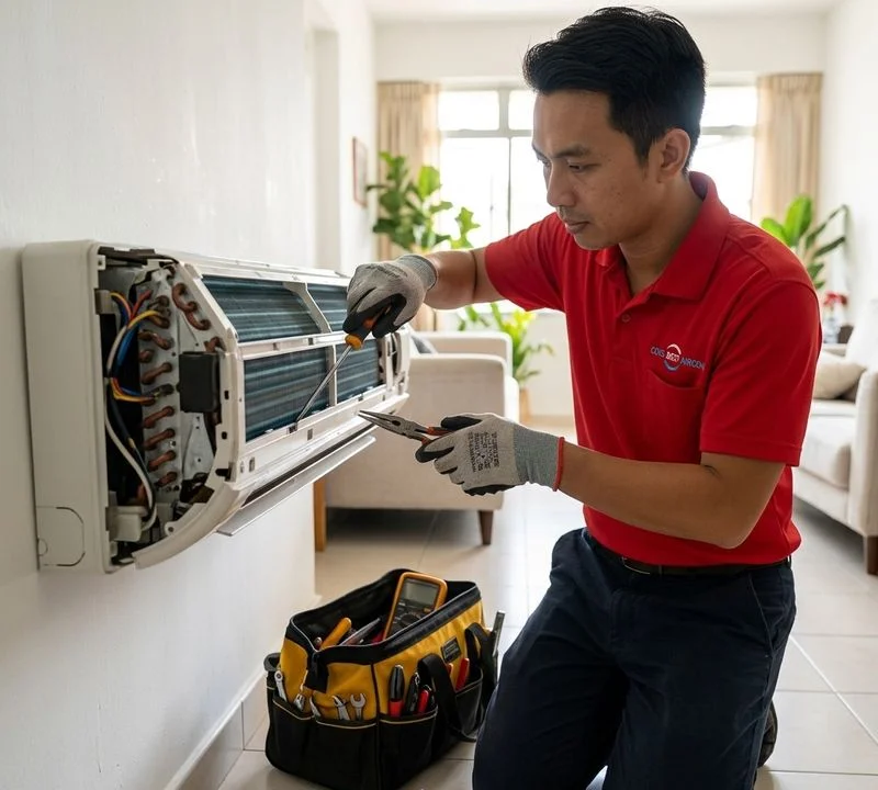 Coolbest Aircon technician servicing a fan coil unit inside a Singapore HDB flat