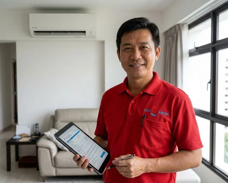 Mr Chong, founder of Coolbest Aircon, standing beside a branded service van outside his Jurong West office